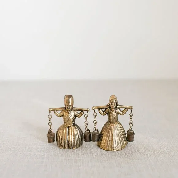 Vintage Brass Bell Water Carrier Figurines Pair Collectible - Picture 7 of 11